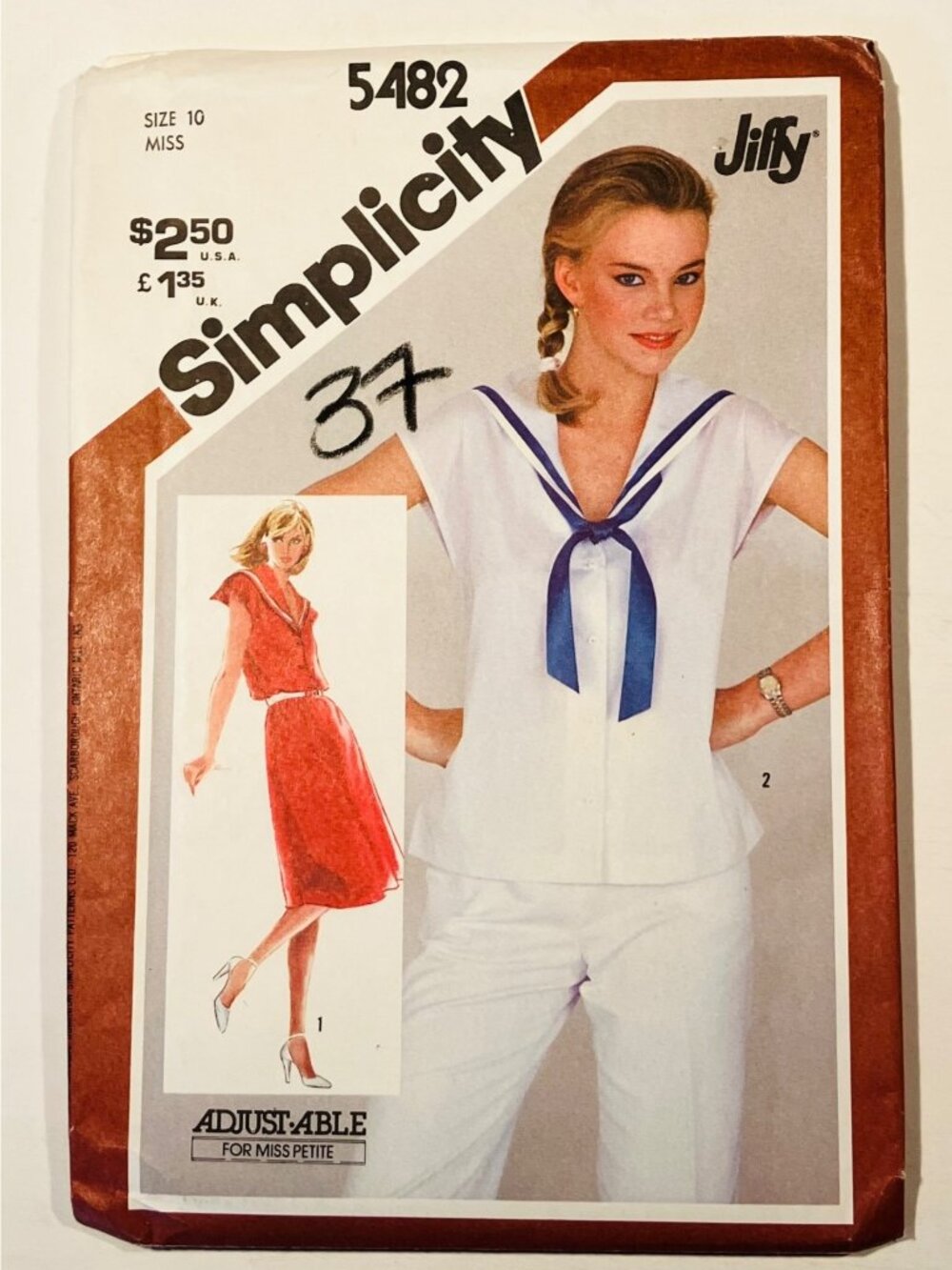 80s Simplicity 5482 B32 Sailor Collar Dress or Top Vintage Sewing Pattern Uncut